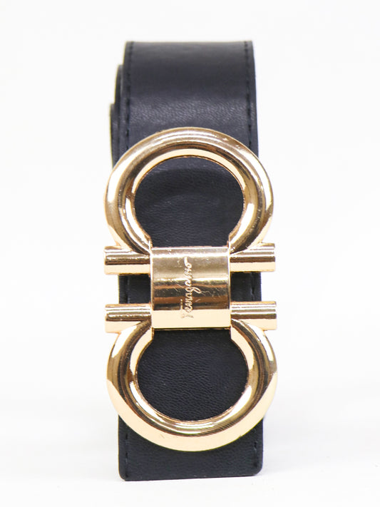 Ferragamo G Men's Leather Belt Raisin Black ( Golden Buckle )