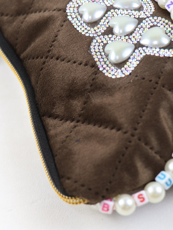 Stylish Velvet Handbag For Women's Heart Brown 18
