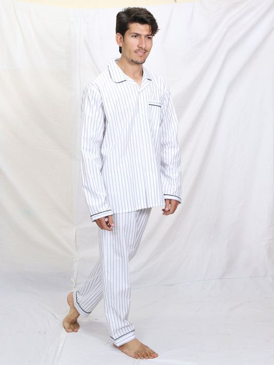 AN Men's 100% Cotton Night Suit White BB Lines