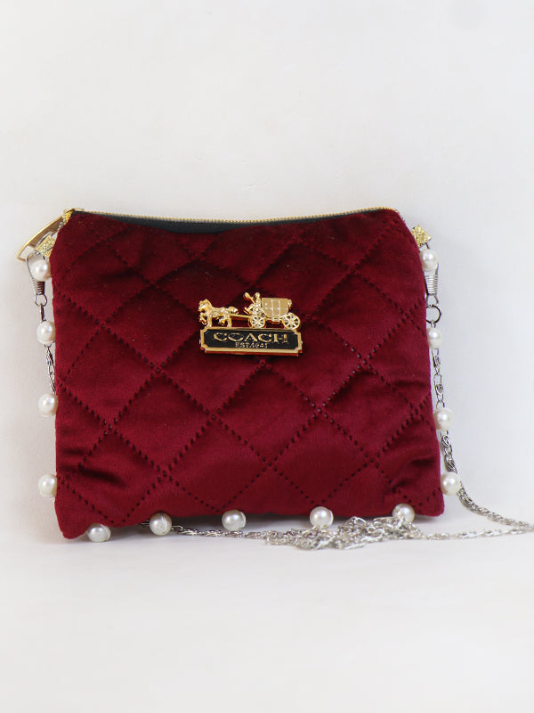 Stylish Velvet Handbag For Women's COACH Maroon 01