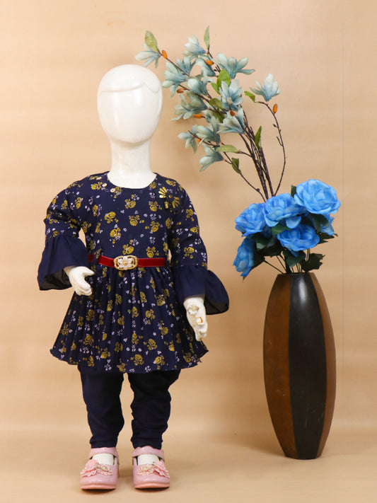 GF06 1Yrs - 8Yrs Printed Flowers Dark Blue Frock for Girls