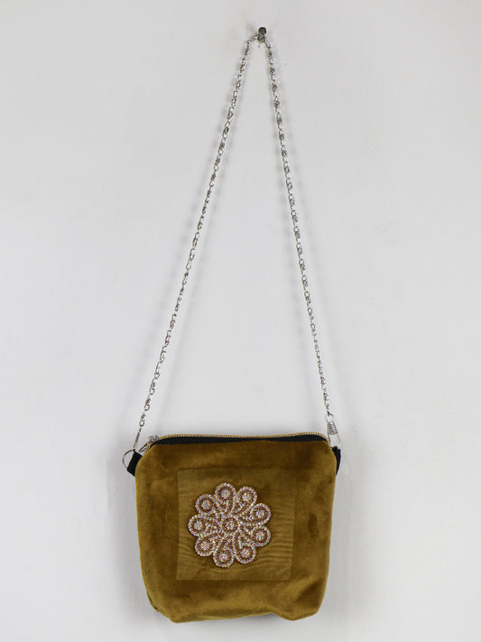 Stylish Velvet Handbag For Girls Flower Light Mustard 47