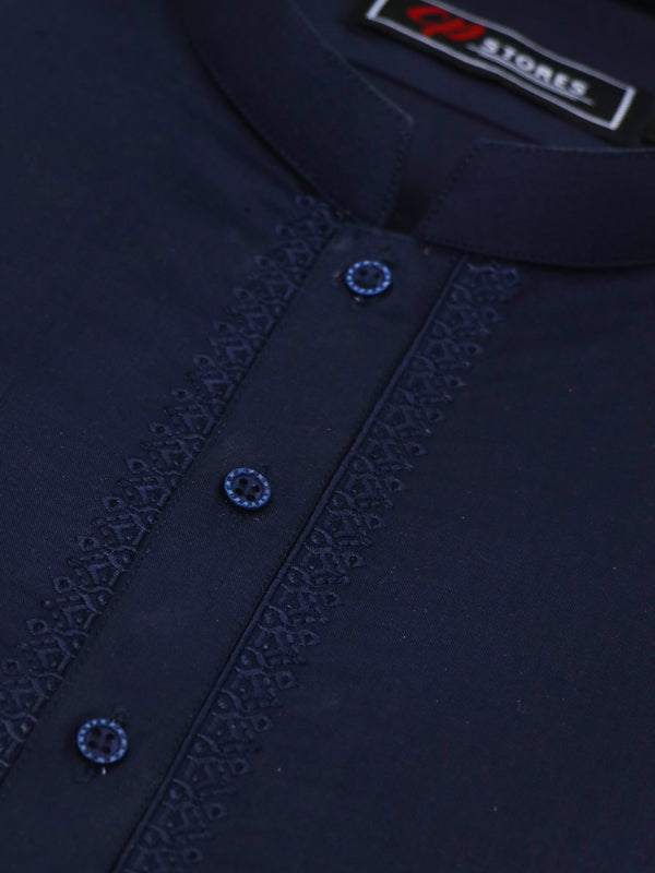 AN Men's Kameez Shalwar Stitched Suit Navy Blue Sherwani Collar
