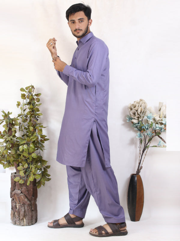 MSK47 AN Men's Kameez Shalwar Plain Stitched Suit Shirt Collar Light Purple