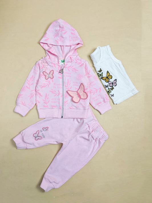 3Mth - 9Mth Baby Pink Butterfly 3Pc Hooded Baby Suit For Newborn NBS149