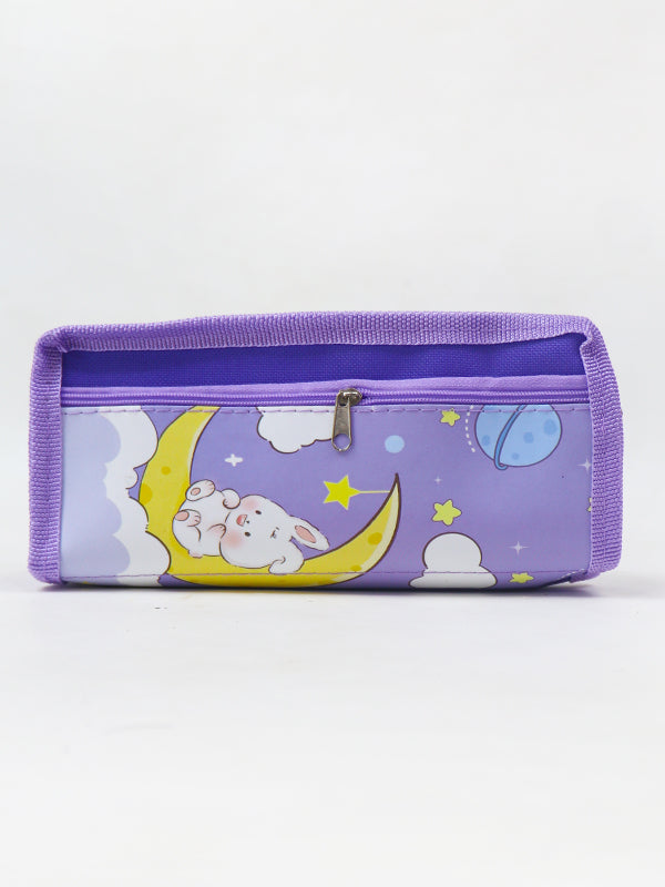 PB03 Zipper Pencil School Pouch For Kids Moon Rabbit Purple