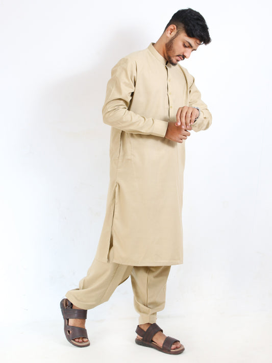 828/1 Men's Kameez Shalwar Stitched Suit Fawn 4