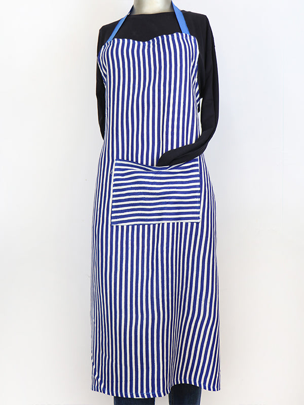 Kitchen Cooking Apron With Front-Pocket Blue Lined