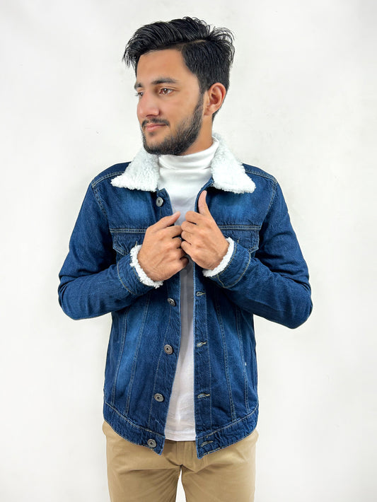 Faded Dark Blue Fur Collar Denim Jacket for Men MJ15