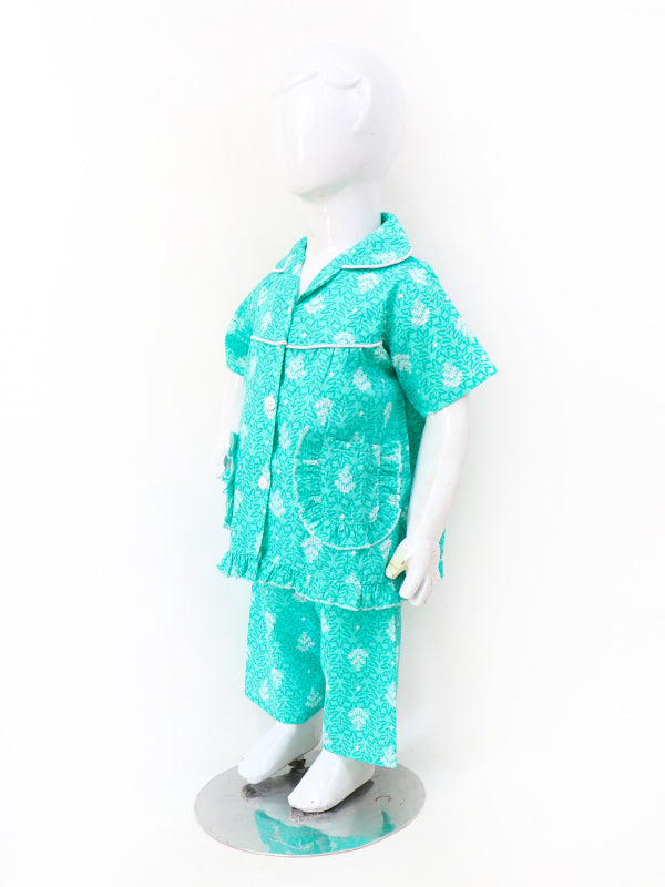 GNS01 NG Girls Cotton Night Suit 1Yrs - 5Yrs Leave Sea Green