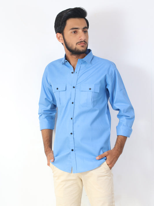 MCS01 Men's Double Pocket Casual Shirt Blue