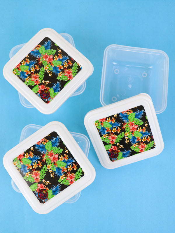 Pack of 3 Plastic Food Storage Box Black Flower
