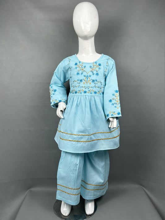 5Yr - 12Yrs Sky Blue Embroidered Suit For Girls RZ GS146