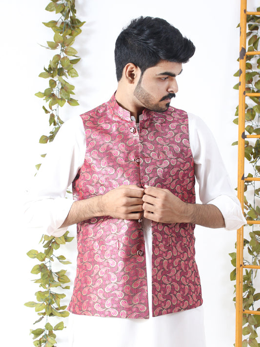 MW01 Jamawar Waistcoat for Men Pink