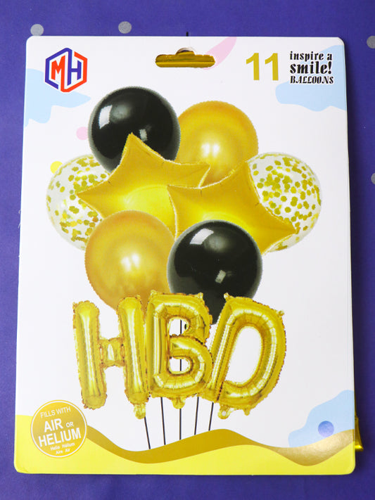 Pack Of 11 Pcs Golden Black HBD Foil Balloons For Decoration BP27