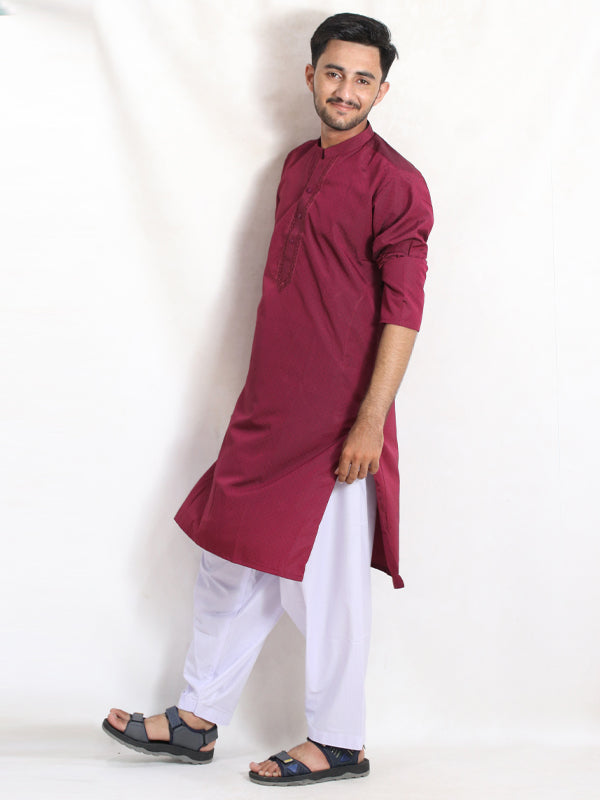 MSK23 Men's Chambray Kameez Shalwar Stitched Suit Red