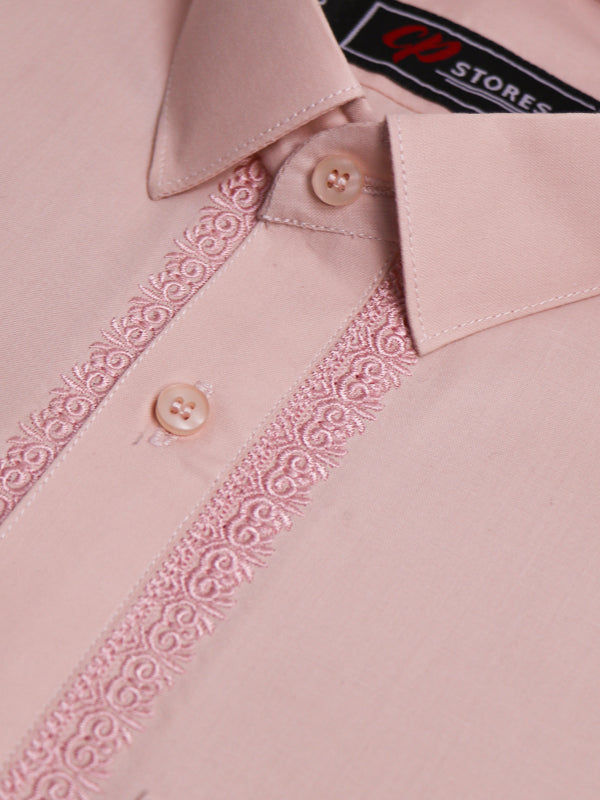 MSK10 540E AM Men's Kameez Shalwar Embroidery Stitched Suit Shirt Collar Light Peach