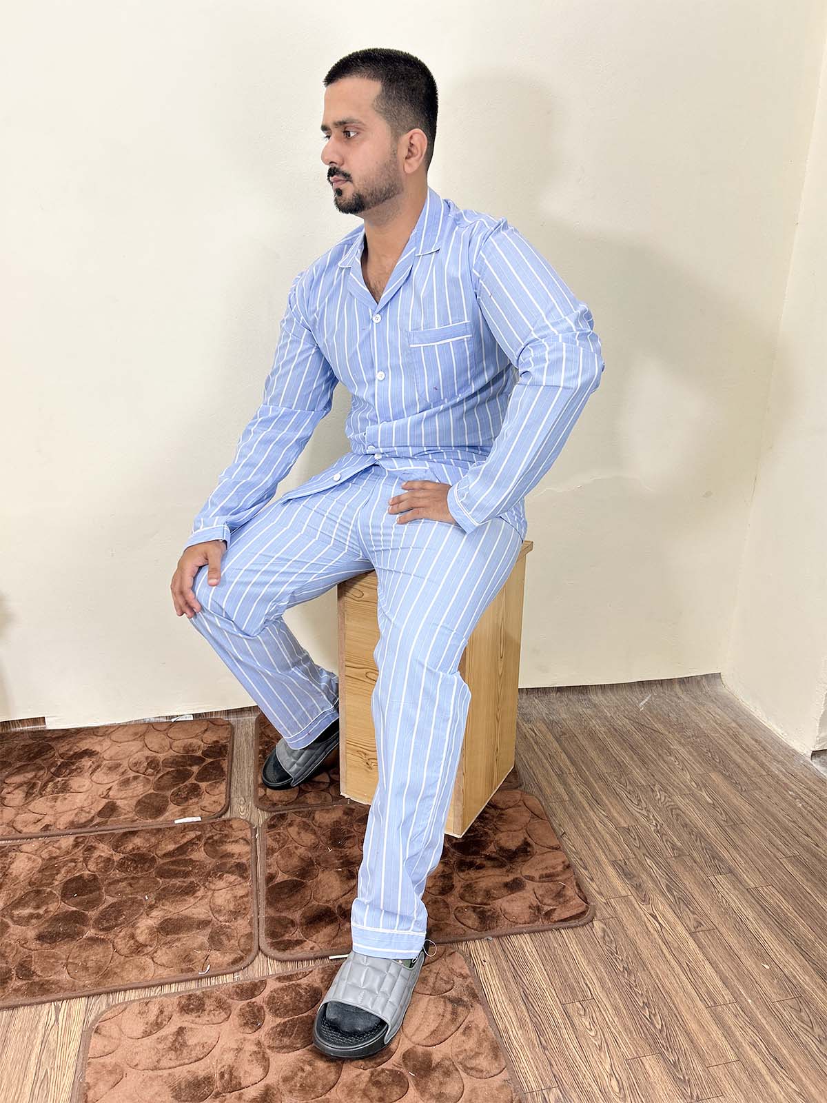 Blue Striped Night Suit For Men MNS24
