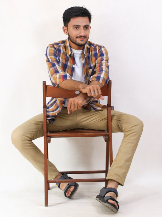 MCS10 AZ Men's Cotton Casual Shirt Light Brown Checks