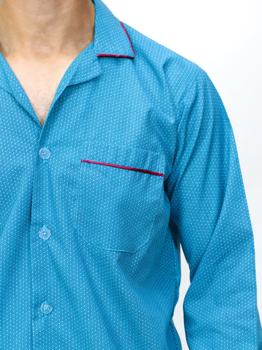 Men's 100% Cotton Printed Night Suit Design 01 Sea Blue