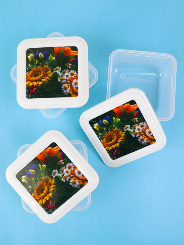 Pack of 3 Plastic Food Storage Box Muiti Flower