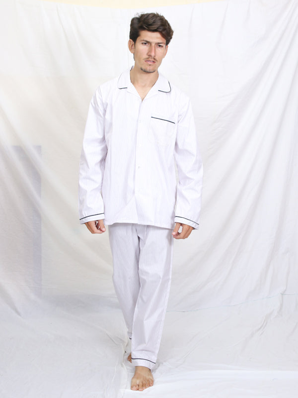 AN Men's Night Suit White BP Pin Stripes