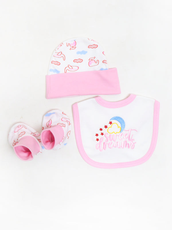 Pack of 3 Newborn Bib, Cap And Booties Set Pink