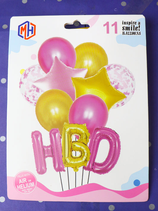 Pack Of 11 Pcs Pink HBD Foil Balloons For Decoration BP27