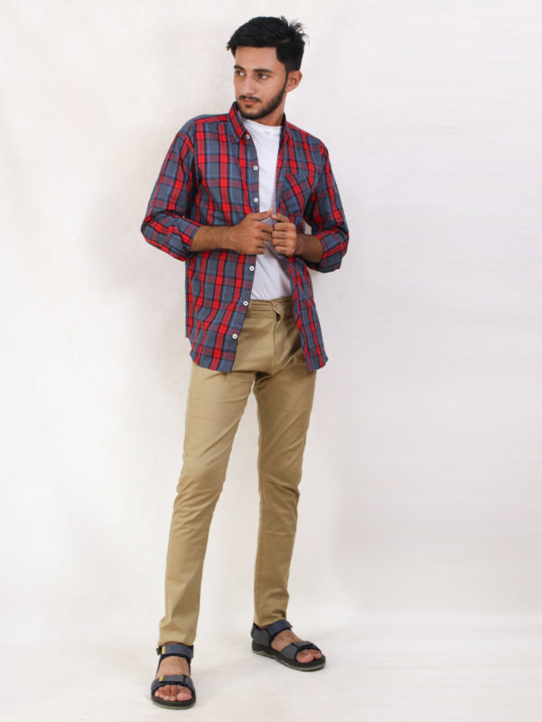 MCS13 AZ Men's Cotton Casual Shirt Red Checks