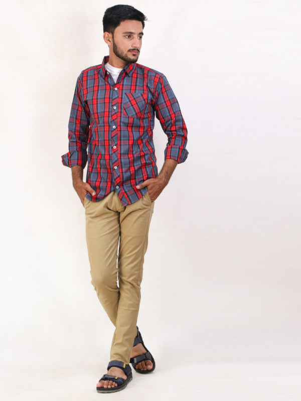 MCS13 AZ Men's Cotton Casual Shirt Red Checks