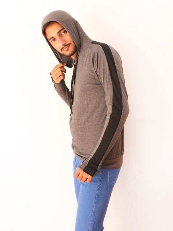 Grey Full Sleeve Hooded T-Shirt For Men SN MTS74