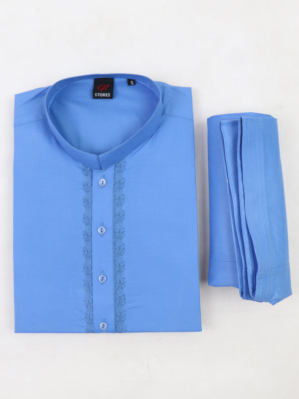 MSK12 540E AM Men's Kameez Shalwar Embroidery Stitched Suit Sherwani Collar Blue