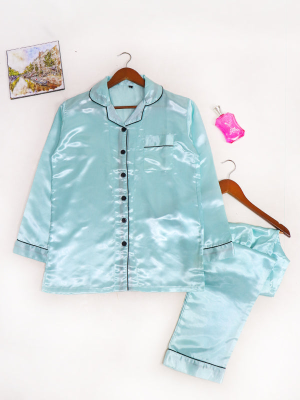 Light Cyan Plain Silk Night Suit For Womens/Girls WNS03