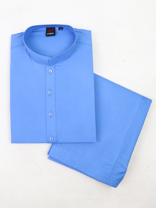 MSK12 540P AM Men's Kameez Shalwar Plain Stitched Suit Sherwani Collar Blue
