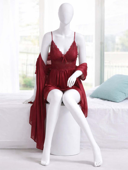2 Piece Satin Maroon Nighty Lingerie Set for Girls and Women WSN28