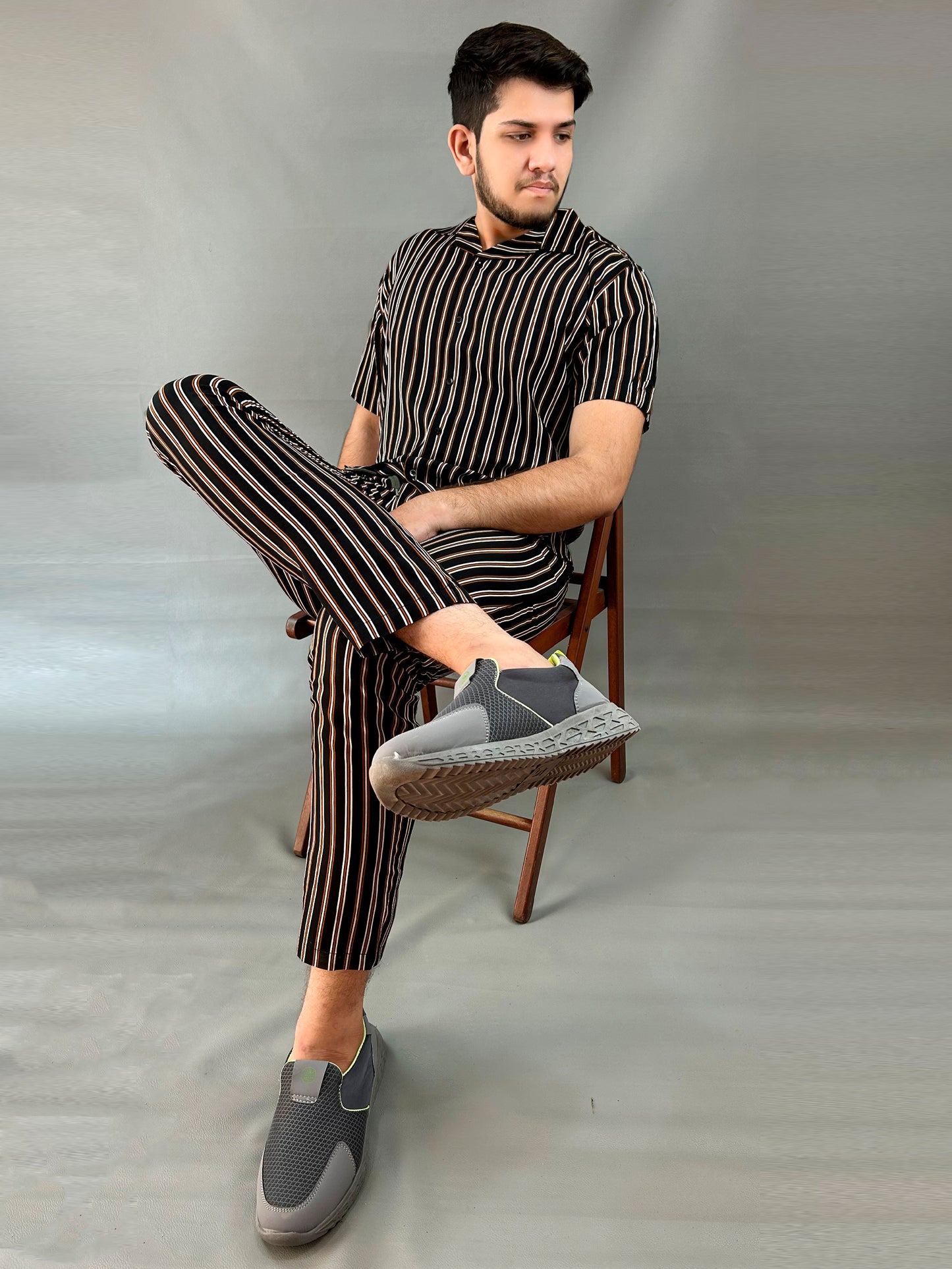 Black Striped Linen Co-Ords Set For Men MTS09