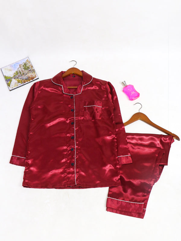 Maroon Plain Silk Night Suit For Womens/Girls WNS01