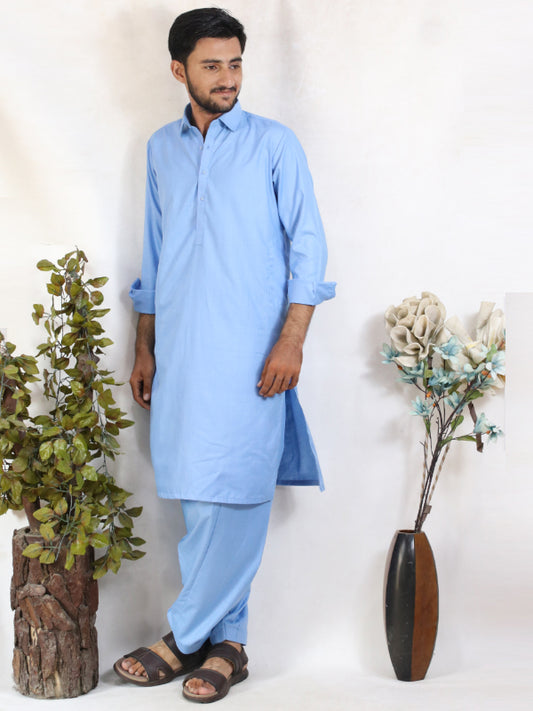 MSK47 AN Men's Kameez Shalwar Plain Stitched Suit Shirt Collar Sky Blue