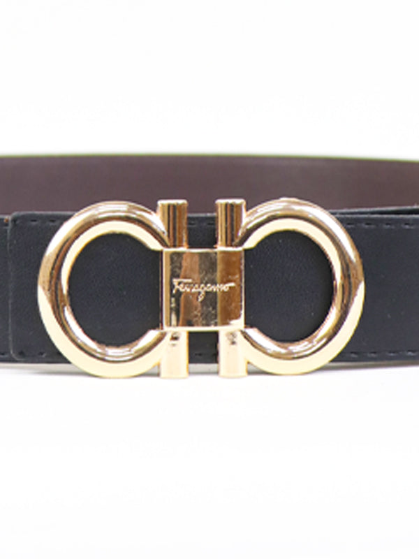 Ferragamo G Men's Leather Belt Raisin Black ( Golden Buckle )