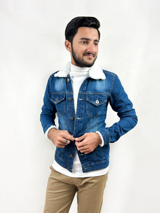 Faded Light Blue Fur Collar Denim Jacket for Men MJ13