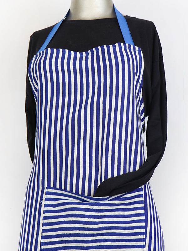 Kitchen Cooking Apron With Front-Pocket Blue Lined