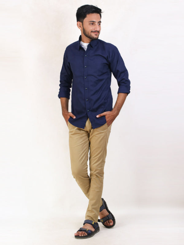 MCS17 Men's Textured Self Cotton Casual Shirt Navy Blue