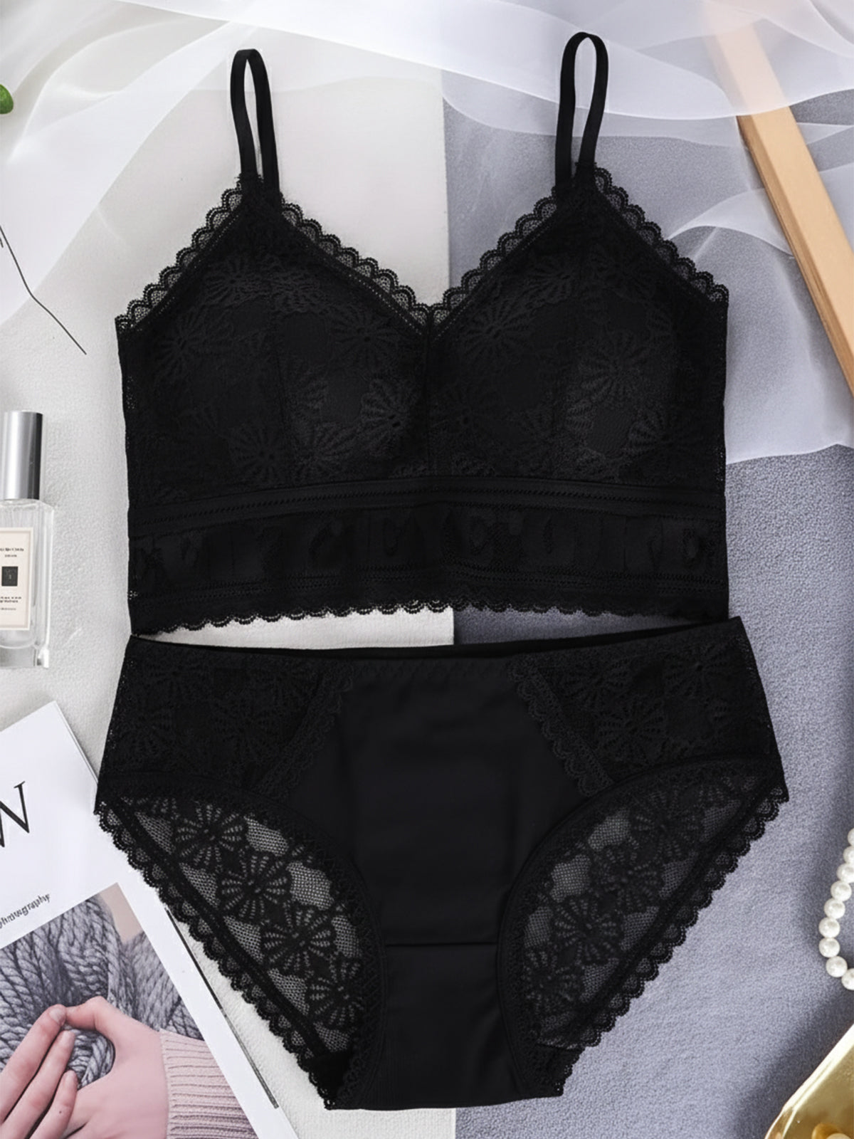 Black Padded Lace Bra Panty Lingerie Set for Girls and Women LB46