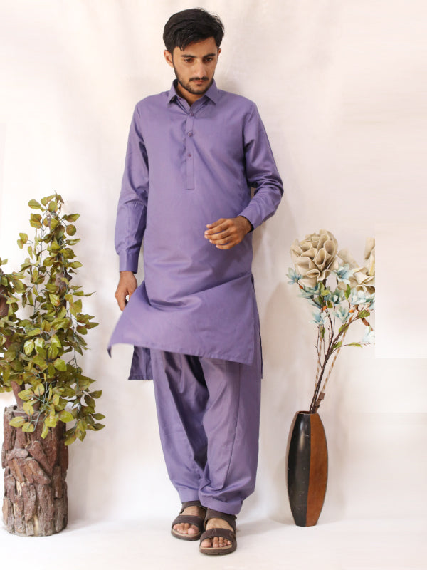 MSK47 AN Men's Kameez Shalwar Plain Stitched Suit Shirt Collar Light Purple