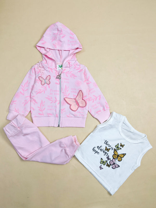 3Mth - 9Mth Baby Pink Butterfly 3Pc Hooded Baby Suit For Newborn NBS149