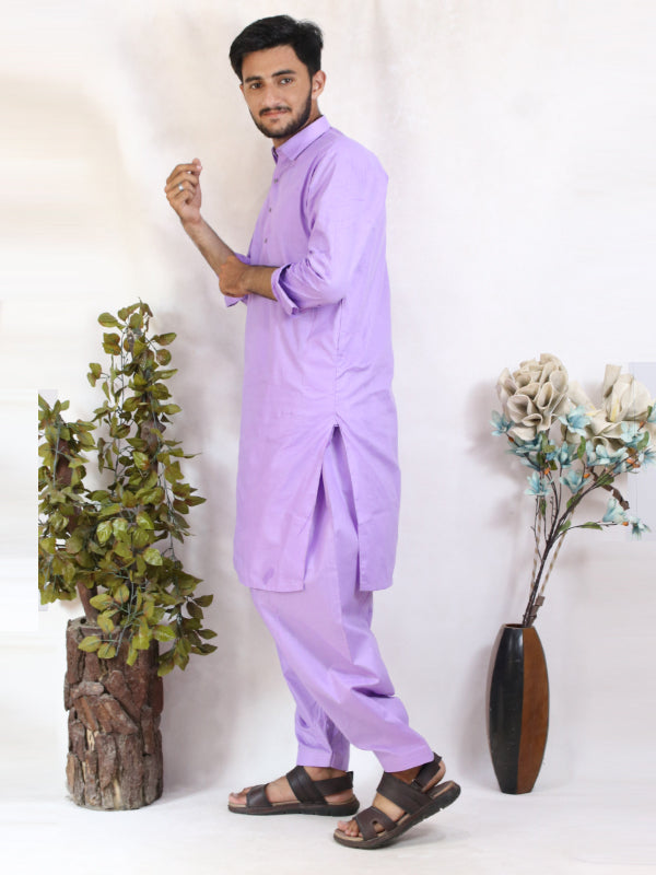 MSK47 AN Men's Kameez Shalwar Plain Stitched Suit Shirt Collar Purple