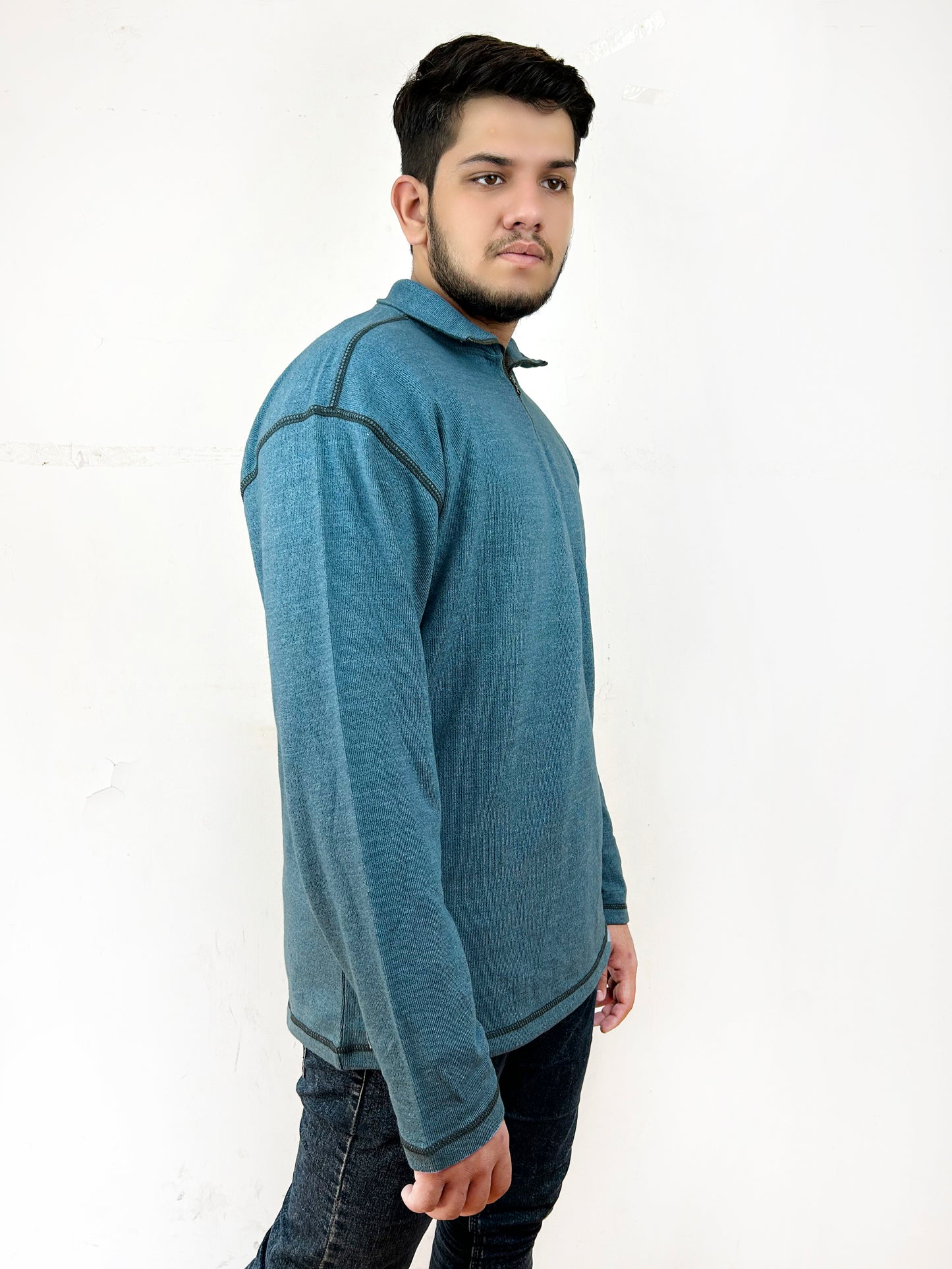 Sea Green Stand Neck Zipped Sweatshirt For Men MSS12