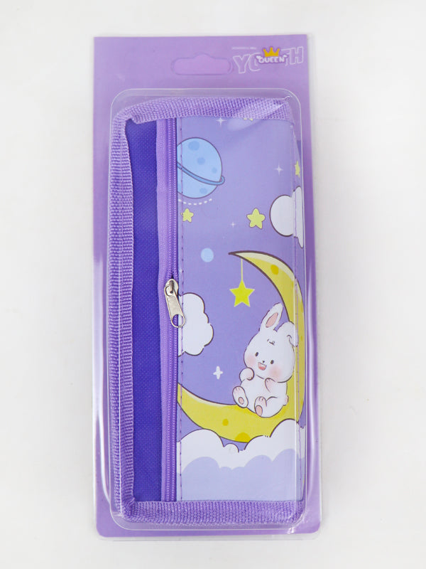 PB03 Zipper Pencil School Pouch For Kids Moon Rabbit Purple