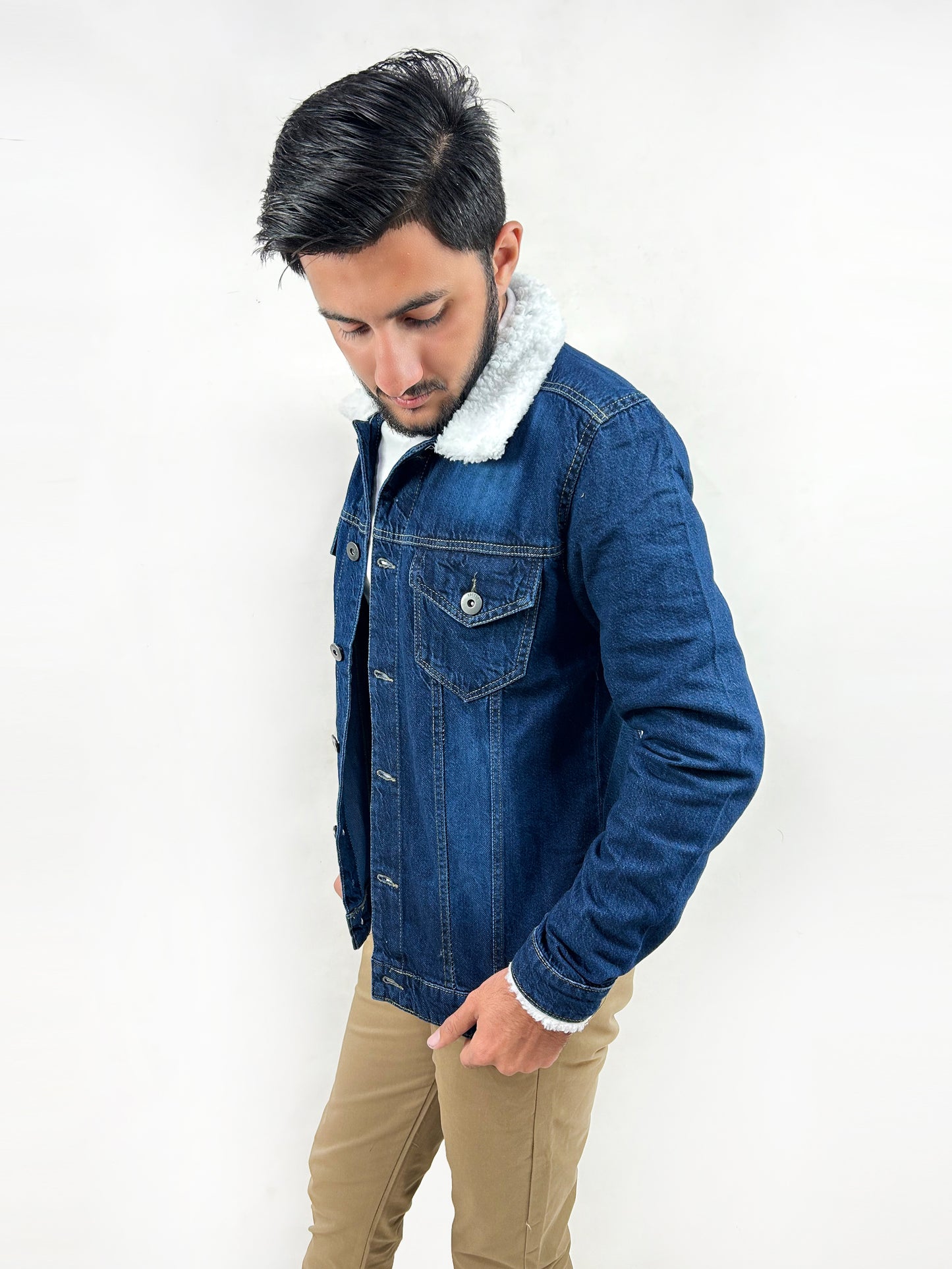 Faded Dark Blue Fur Collar Denim Jacket for Men MJ15