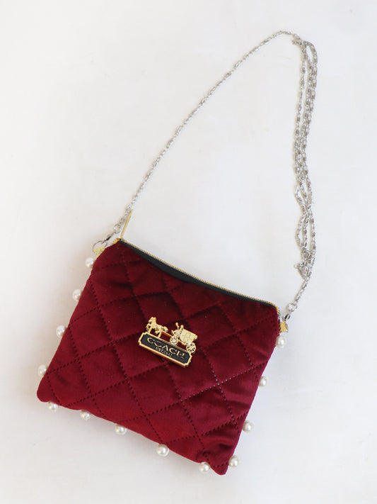 Stylish Velvet Handbag For Women's COACH Maroon 01